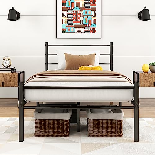 VERFARM Metallbett mit Lattenrost Bettrahmen mit Kopfteil Einzelbett Gästebett Einzelbettgestell 90 x 200 cm, Schwarz von VERFARM