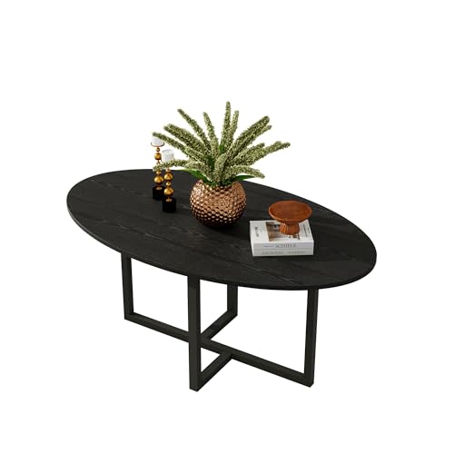 VERFARM Ovaler Couchtisch, Holzoptik, Akzenttisch mit Metallrahmen, schlichter, moderner Stil, Mitteltisch für Wohnzimmer, Heimbüro, einfache Montage, Schwarz von VERFARM
