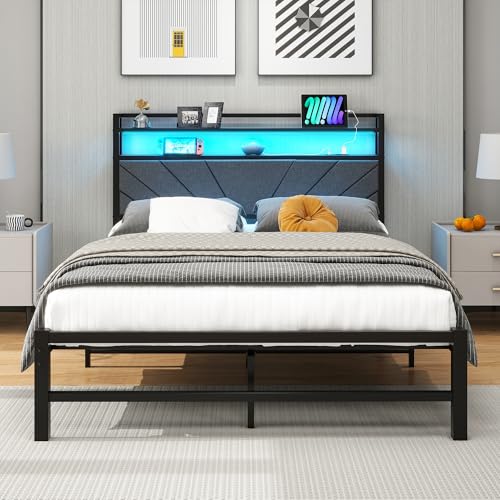 VERFARM Polsterbett 120x200 cm Metallbett Doppelbett, Bettrahmen mit LED und Ladestation, Bettrahmen mit Stauraum, Jugendbett Gästebett Bettgestell mit Kopfteil, perfekt für Schlafzimmer, Dunkelgrau von VERFARM