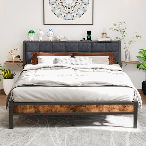 VERFARM Polsterbett 140 x 200 cm Bettgestell Einzelbett Doppelbett Designbett mit Kopfteil, Abnehmbarer Nachttischablage und Ergonomischer Gepolsterter RüCkenlehne, Bettrahmen 140x200 von VERFARM