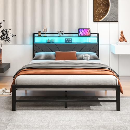 VERFARM Polsterbett 140x200 cm Metallbett Doppelbett, Bettrahmen mit LED und Ladestation, Bettrahmen mit Stauraum, Jugendbett Gästebett Bettgestell mit Kopfteil, perfekt für Schlafzimmer, Dunkelgrau von VERFARM