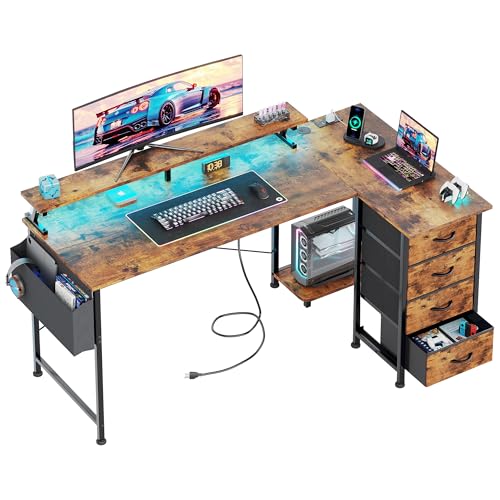 VERMESS L-förmiger Gaming-Schreibtisch mit 4 Schubladen, 160 cm, wendbar, Heimbüro-Schreibtische mit Steckdosen, L-förmiger Computertisch mit USB-Ladeanschluss und Host-Ständer, Eckschreibtisch von VERMESS