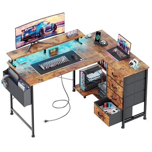 VERMESS L-förmiger Gaming-Schreibtisch mit 4 Schubladen, wendbar, Heimbüro-Schreibtische mit Steckdosen, L-förmiger Computertisch mit USB-Ladeanschluss und Host-Ständer, Eckschreibtisch, einfach zu von VERMESS