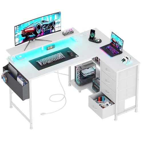 VERMESS L-förmiger Gaming-Schreibtisch mit 4 Schubladen, wendbar, Heimbüro-Schreibtische mit Steckdosen, L-förmiger Computertisch mit USB-Ladeanschluss und Host-Ständer, Eckschreibtisch, einfach zu von VERMESS