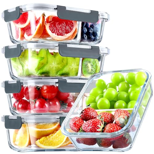 VERONES Glasbehälter für Mahlzeiten, 2 Fächer, luftdichte Glas-Lunchbehälter, Glasbehälter mit Deckel, für Mikrowelle, Ofen, Gefrierschrank und Spülmaschine, Grau, 5 Stück VERONES Glasbehälter für Mahlzeiten, 2 Fächer, luftdichte Glas-Lunchbehälter, Glasbehälter mit Deckel, für Mikrowelle, Ofen, Gefrierschrank und Spülmaschine, Grau, 5 Stück von VERONES