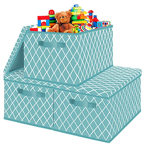 Stapelbare Aufbewahrungsbox mit Deckel, große faltbare Spielzeugkisten, blaue Stoffwürfel, Behälter, Truhe mit Griffen für Schiefen, Schlafzimmer, Kleiderschrank, Schrank (36,5 x 25,5 x 21,5 cm, 3 von VERONLY