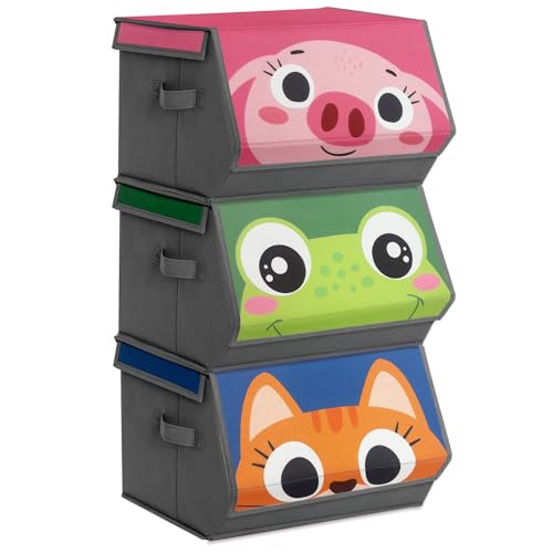 VERONLY 3 Stück Stapelbar Aufbewahrungsbox mit Deckel, Karikatur Aufbewahrungsboxen Spielzeugkiste mit Klettverschluss Faltbar Stoffboxen Griffen für Jungen Mädchen Kinderzimmer (Rosa, Grün, Blau) von VERONLY