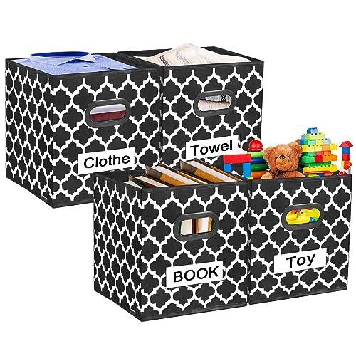 VERONLY 4 Stück 34L Faltbare Aufbewahrungsbox Stoff mit Griffen, Aufbewahrungswürfel Boxen 33x33x33cm Ordnungsboxen Würfelform für Schränke, Bücher, Kleidung, Spielzeug(Schwarz) von VERONLY