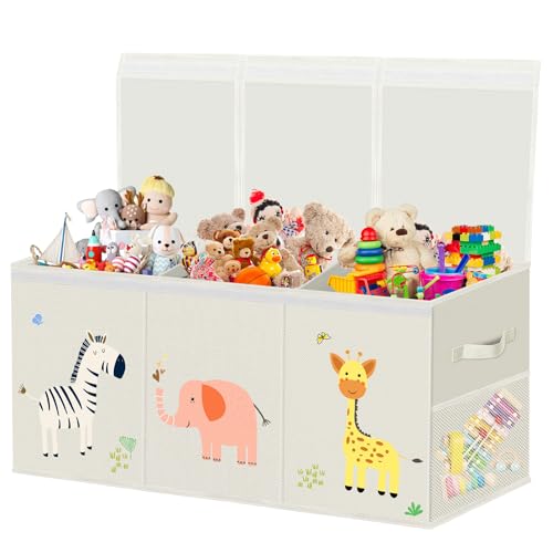 VERONLY Extra Groß Aufbewahrungsbox Spielzeugkiste mit Deckel Kinder - Faltbar Spielzeug Aufbewahrung mit Griffen Trennwand Aufbewahrungsbox für Kinderzimmer Kleidung Schlafzimmer(Beige,99x34x39cm) von VERONLY