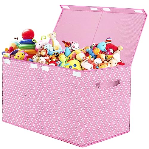 VERONLY Aufbewahrungsbox Spielzeugkiste mit deckel Kinder, Spielzeug Aufbewahrung mit Griffen, Faltbox Korb für Kinderzimmer, Kleidung, Schlafzimmer (Rosa Karo) von VERONLY