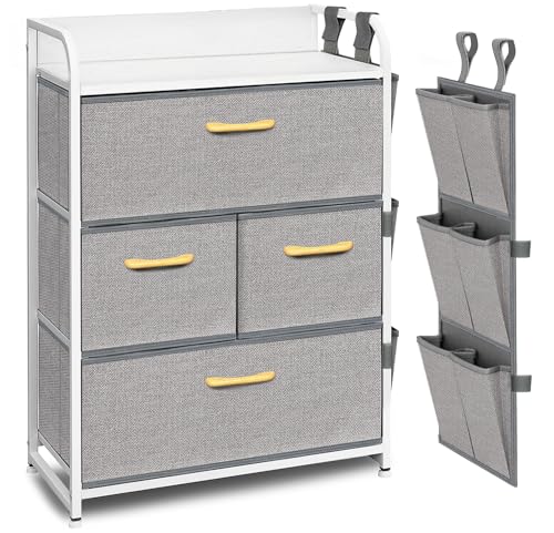 VERONLY Kommode mit 4 Schubladen aus Stoff,Mehrzweckschrank Schrank Flur Aufbewahrungsschrank Sideboard mit Seitentaschen für Schlafzimmer, Wohnzimmer, Kinderzimmer, Büro (Grau,58 * 29 * 80cm) von VERONLY