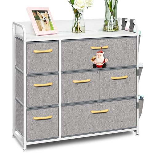 VERONLY Kommode mit 7 Schubladen aus Stoff,Aufbewahrungsschrank Sideboard mit Seitentaschen Mehrzweckschrank Schrank Flur für Schlafzimmer, Wohnzimmer, Kinderzimmer, Büro(Grau,84 * 32 * 17cm) von VERONLY