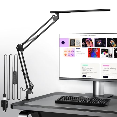Schreibtischlampe für das Heimbüro, Schreibtischlampe Klemmbar , Architektenleuchte mit QC3.0 Adapter, Fresnel Linse, Tischlampe, 5 Farbmodi und Helligkeit, Klemmlampe mit Speicherfunktion, Schwarz von VERSKI