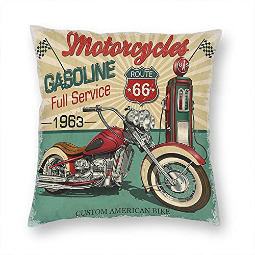 VERSUSWOLF Kissenbezüge, 45,7 x 45,7 cm, Retro, Vintage, Benzin-Route 66, klassische Motorräder, Biker, Moto Schild, Garage, altes Gas-Überwurf, Kissenbezüge, Leinen, Sofakissenbezüge von VERSUSWOLF