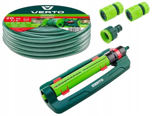 VERTO Gartenschlauch 1/2 Zoll - 20 m + Oszillierender Sprinkler + 3 Stück Anschluss Kit | Gartenbewässerung Komplettes Starterset - Grün Schlauch ist UV-beständig, Max 20 Bar, -5°C bis +30°C VERTO Gartenschlauch 1/2 Zoll - 20 m + Oszillierender Sprinkler + 3 Stück Anschluss Kit | Gartenbewässerung Komplettes Starterset - Grün Schlauch ist UV-beständig, Max 20 Bar, -5°C bis +30°C von VERTO