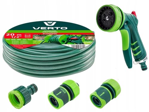 VERTO Gartenschlauch 1/2 Zoll - 20 m + Wasserspritze (7 Funktionen) + 3 Stück Anschluss Kit | Gartenbewässerung Komplettes Starterset - Grün Schlauch ist UV-beständig, Max 20 Bar, -5°C bis +30°C von VERTO