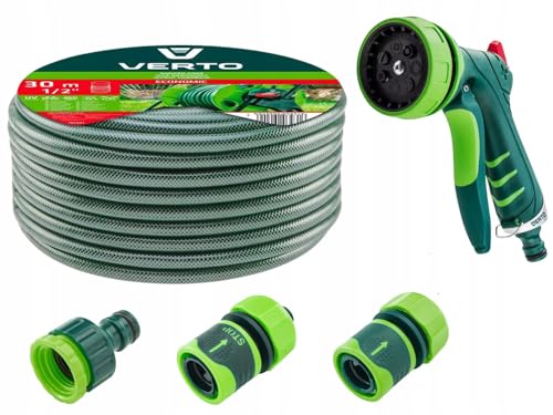VERTO Gartenschlauch 1/2 Zoll - 30 m + Wasserspritze (7 Funktionen) + 3 Stück Anschluss Kit | Gartenbewässerung Komplettes Starterset - Grün Schlauch ist UV-beständig, Max 20 Bar, -5°C bis +30°C von VERTO
