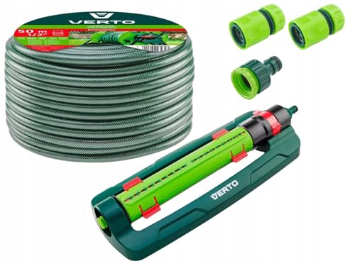 VERTO Gartenschlauch 1/2 Zoll - 50 m + Oszillierender Sprinkler + 3 Stück Anschluss Kit | Gartenbewässerung Komplettes Starterset - Grün Schlauch ist UV-beständig, Max 20 Bar, -5°C bis +30°C von VERTO