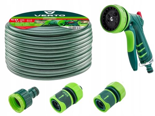 VERTO Gartenschlauch 1/2 Zoll - 50 m + Wasserspritze (7 Funktionen) + 3 Stück Anschluss Kit | Gartenbewässerung Komplettes Starterset - Grün Schlauch ist UV-beständig, Max 20 Bar, -5°C bis +30°C von VERTO