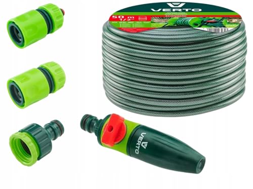 VERTO Gartenschlauch 1/2 Zoll - 50 m + Wasserspritze + 3 Stück Anschluss Kit | Gartenbewässerung Komplettes Starterset - Grün Schlauch ist UV-beständig, Max 20 Bar, -5°C bis +30°C von VERTO