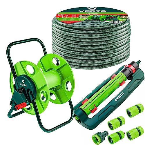 VERTO Schlauchtrommel + Gartenschlauch 50m + Oszillierender Sprinkler + 3 x Schlauchverbinder, Wasserstop, Hahnverbinder - Gartenbewässerung Komplettes Starterset Grün von VERTO