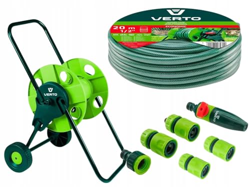 VERTO Schlauchwagen mit Schlauch 1/2 Zoll 20 m + Wasserspritze + 3 x Schlauchverbinder, Wasserstop, Hahnverbinder - Gartenbewässerung Komplettes Starterset | Gartenschlauch UV-beständig max 20 bar von VERTO