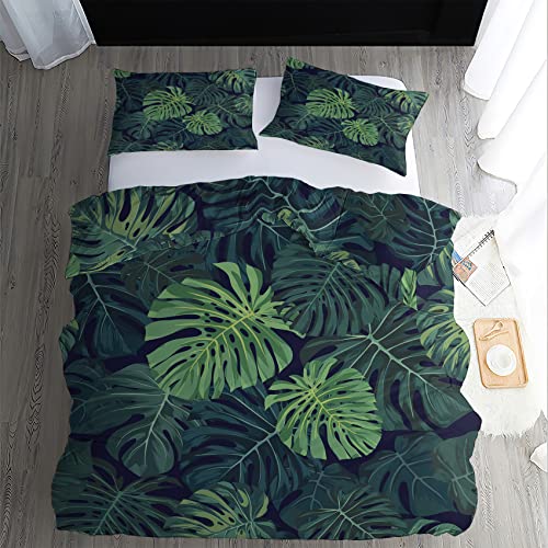 Bettwäsche Monstera 220 x 240 cm 3teilig Set - Wendebettwäsche Bettbezug Grün mit 2 Kissenbezüge 80x80 cm, Mikrofaser Bettwäsche-Set mit Reißverschluss von VESILE