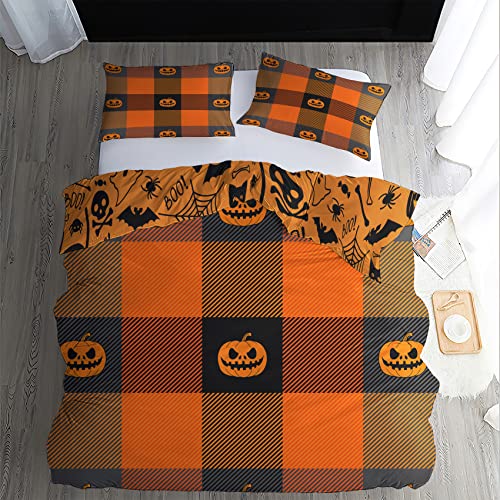 Halloween Bettwäsche 135 x 200 cm 2teilig Set - Bauernhaus Kürbis Gitter wendebettwäsche Bettbezug & 1 Kissenbezüge 80x80 cm, Mikrofaser Bettwäsche-Set mit Reißverschluss von VESILE