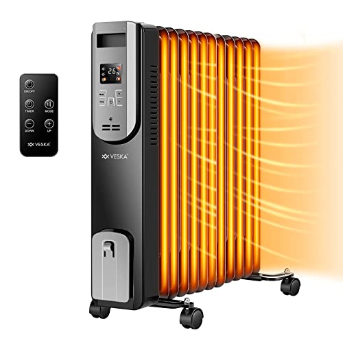 Ölradiator 2500W Elektro Heizkörper mit LCD-Display und Fernbedienung, 12h-Timer, Thermostat, Abschaltautomatik, Überhitzungsschutz Mobile Elektroheizung 2500 Watt (schwarz) von VESKA