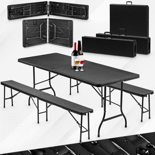 VESKA® Bierzeltgarnitur 3-teilig Set Tisch + 2x Bank, wetterfest für drinnen und draußen, klappbar mit Tragegriffen, Kunststoff, Gartengarnitur, Klapptisch, Gartentisch 180 cm Rattan-Optik (anthrazit) von VESKA