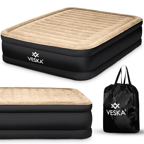 VESKA Aufblasbare Matratze Selbstaufblasend Luftbett Gästebett mit eingebauter elektrischer Pumpe, Einzelbett Luftmatratze für Camping Heimgebrauch mit Tasche (anthrazit/Creme, Doppel) von VESKA
