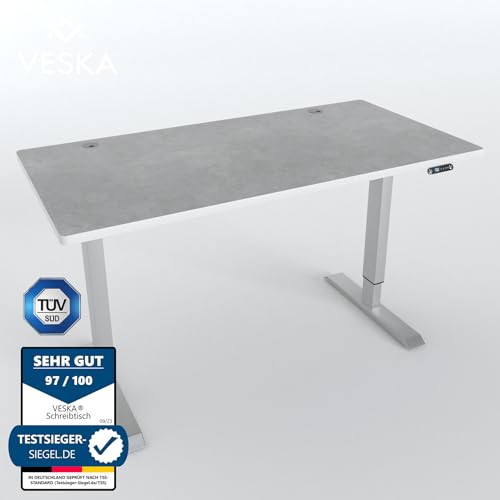 VESKA Höhenverstellbarer Schreibtisch (140 x 70 cm) - Sitz- & Stehpult - Bürotisch Elektrisch Höhenverstellbar mit Touchscreen & Stahlfüßen (Silber/Stein-Grau) von VESKA