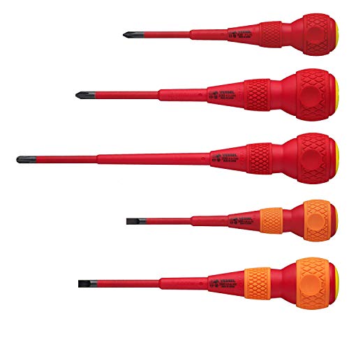 VESSEL BALL GRIP VDE Schraubendreher (isoliert) Kreuzschlitz/Schlitz, 5-teiliges Set von VESSEL