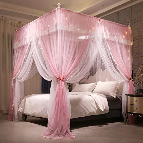 VETHIN 4 Ecken Pfosten Rüschen Prinzessin Bett Baldachin Vorhang, 4 Öffnungen Moskitonetz für Mädchen Erwachsene Schlafzimmer Dekoration (Rosa/Weiß, 198.1 cm Bx218.4 cm Lx208.3 cm H) King-Size-B von VETHIN