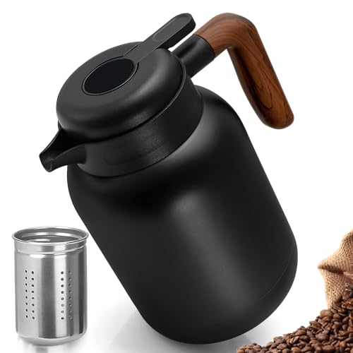 Thermoskanne 1,5L, Kaffeekanne aus Doppelwandige 316 Edelstahl, Teekanne Thermo mit Abnehmbarem Teesieb, Isolierkanne mit Holzgriff, 12h Hitze/18h Kält (Ohne Temperaturanzeige) von VETIN