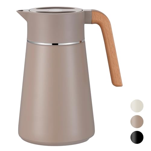 VETIN 1,5L Thermoskanne mit Teesieb, Teekanne mit Siebeinsatz Thermo, Kaffeekanne Thermo 304 Edelstahl Doppelwandige Vakuumisolierung, Isolierkanne mit Holzoptik Griff, 10h Hitze / 16h Kälte (Khaki) von VETIN