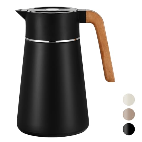 VETIN 1,5L Thermoskanne mit Teesieb, Teekanne mit Siebeinsatz Thermo, Kaffeekanne Thermo 304 Edelstahl Doppelwandige Vakuumisolierung, Isolierkanne mit Holzoptik Griff, 10h Hitze / 16h Kälte (Schwarz) von VETIN