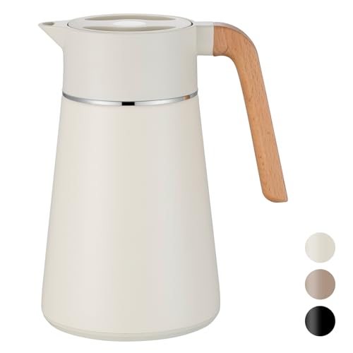 VETIN 1,5L Thermoskanne mit Teesieb, Teekanne mit Siebeinsatz Thermo, Kaffeekanne Thermo 304 Edelstahl, Isolierkanne mit Holzoptik Griff, 10h Hitze / 16h Kälte (Weiß + Beige) von VETIN