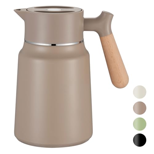VETIN 1,5L Thermoskanne, Teekanne Thermo 304 Edelstahl Doppelwandige Vakuumisolierung, Isolierkanne mit Holzoptik Griff, Kaffeekanne Thermo 10h Hitze / 16h Kälte (Khaki) von VETIN