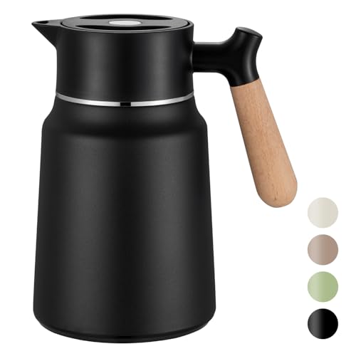 VETIN 1,5L Thermoskanne, Teekanne Thermo 304 Edelstahl Doppelwandige Vakuumisolierung, Isolierkanne mit Holzoptik Griff, Kaffeekanne Thermo 10h Hitze / 16h Kälte (schwarz) von VETIN