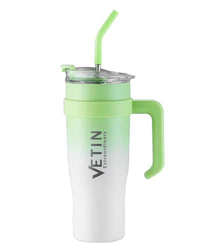 VETIN 40oz Thermobecher mit Strohhalm und Henkel, 1200ml Kaffeebecher to Go, Doppelwandiger Edelstahl Vakuum Isolierbecher, Tragbare Autobecher für Kalte Heiße Getränke (Hellgrün) von VETIN