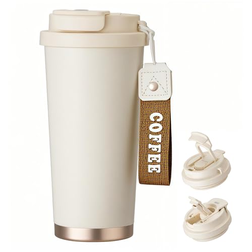 VETIN Kaffeebecher To Go, Edelsthal Thermobecher 530ml, BPA-freier Travel Mug mit Isolierung, Flip Straw Thermobecher mit Strohhalm, Auslaufsicherer Thermobecher für Kaffee & Tee (Weiß) von VETIN