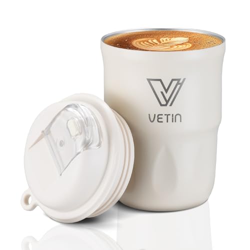 VETIN Kaffeebecher to go Thermo, 320ml Thermobecher Kaffee to go, Coffee Becher mit Auslaufsicherem Deckel (Weiß) von VETIN