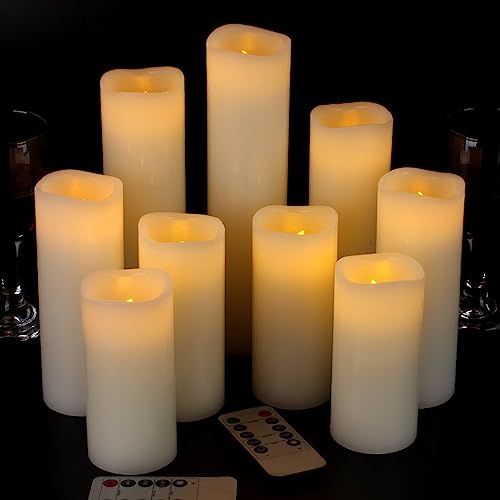 VETOUR Flammenlose LED-elektrische Kerzen: 9 batteriebetriebene künstliche Kerzen, 12,7 cm, 15,2 cm, 17,8 cm, 22,9 cm, D6,2 cm, Echtwachs, flackernde elektrische Kerzen mit Fernbedienung und Timer für von VETOUR