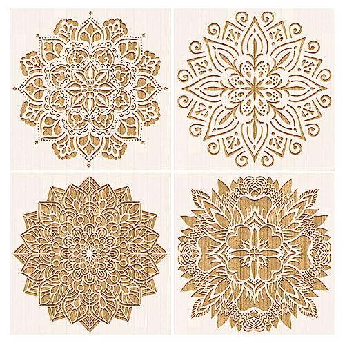 VETPW 4 Groß Mandala Stencil Schablonen Zeichnen Set, Kunststoff Wiederzuverwendend Zeichenschablonen Vorlagen Blumen Schablonen für Fliesen, Fußböden, Fenster, Möbel, Holz, Wanddeko von VETPW