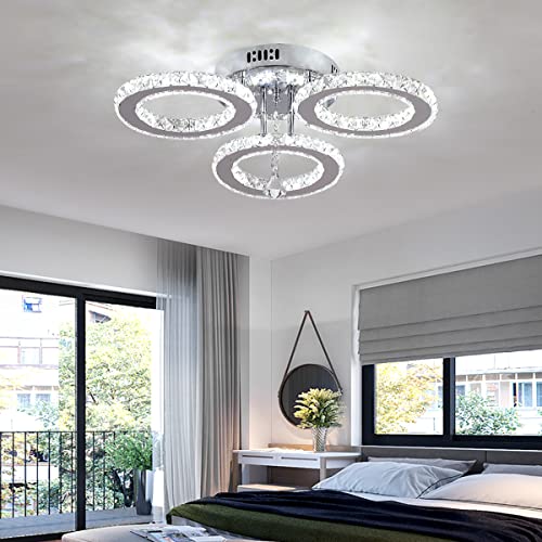 Moderne Kristall LED Deckenleuchte, Kaltweiß 6000K Diamant-Kristallleuchter, Design-Deckenleuchte mit 3 Kristallringen, Edelstahl Pendelleuchte Deckenbeleuchtung für Wohnzimmer Schlafzimmer Küche Flur von VETRULUS