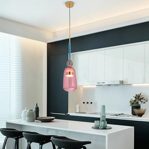VETRULUS Designer Pendelleuchte aus Buntglas – Elegante Hängelampe in Roséblau mit ovalem Glasdesign, Retro Deckenlampe mit warmem Licht für Küche, Flur, Schlafzimmer, Wohnzimmer von VETRULUS