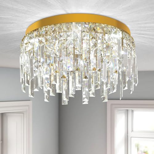 VETRULUS Goldene Kristalllüster Für Esszimmer 40cm Runde Luxuriöse Deckenleuchte Moderne Kristalldeckenleuchte Für Schlafzimmer Wohnzimmer Kücheninsel von VETRULUS