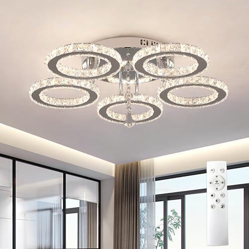 VETRULUS Moderne Kristall-LED-Deckenleuchte – stufenlos dimmbarer, halbbündiger Kristall-Kronleuchter für Wohnzimmer – 5-Ring-Deckenleuchte für Schlafzimmer, Küche, LED-Kronleuchter von VETRULUS