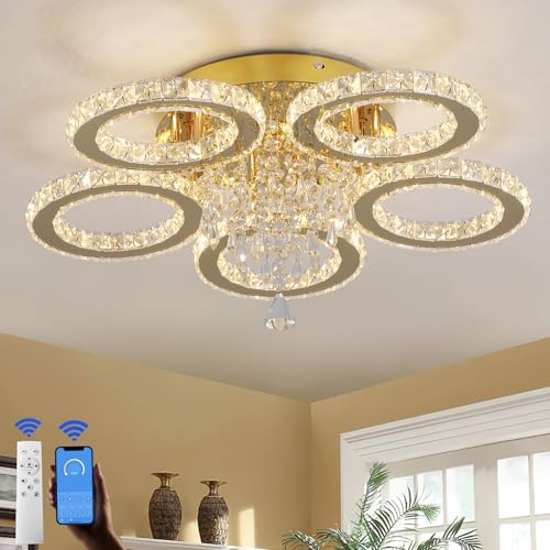 VETRULUS Moderner Kristall-Kronleuchter – Goldene LED-Deckenleuchte mit 5 Ringen, Dimmbar für Schlafzimmer, Wohnzimmer, Esszimmer, Flur von VETRULUS